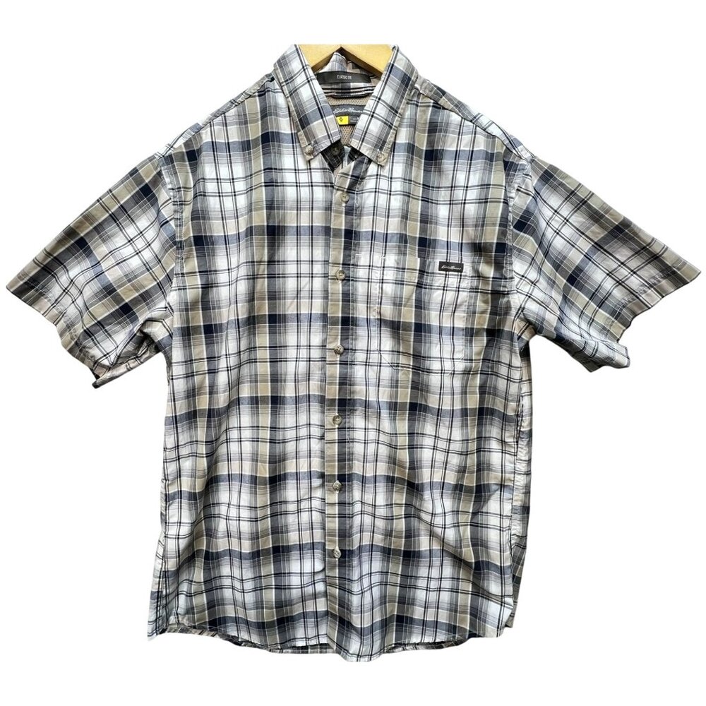 Eddie Bauer Men Classic Fit Button Down Shirt Short Sleeve Sz M White Blue Plaid